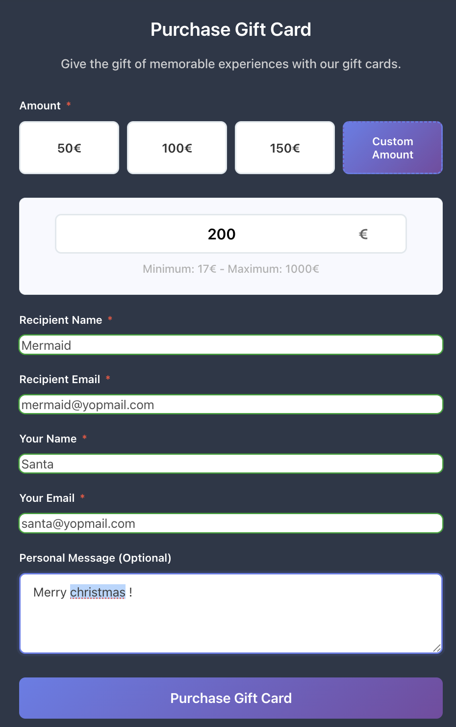 Gift card amount selection